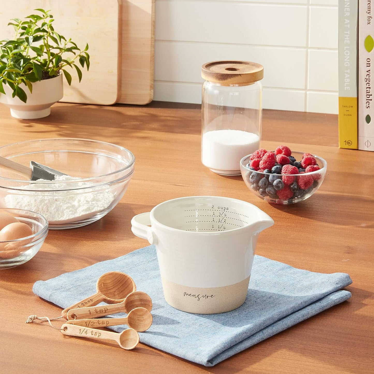 Stoneware Measuring Cup & Wooden Measuring Spoons set