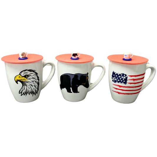 Americana Ceramic Coffee Mug & Silicone Topper-Set of 3